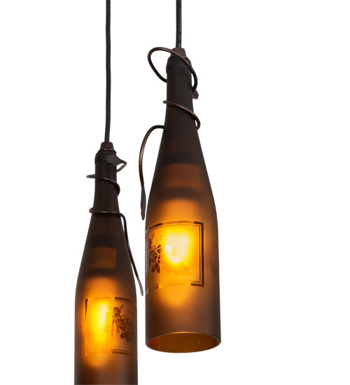 Meyda Lighting Tuscan Vineyard 18" 4-Light Mahogany Bronze Cascading Pendant Light With Amber Wine Bottle Shade Glass
