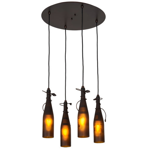 Meyda Lighting Tuscan Vineyard 18" 4-Light Mahogany Bronze Cascading Pendant Light With Amber Wine Bottle Shade Glass