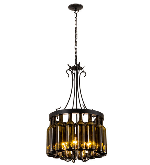 Meyda Lighting Tuscan Vineyard 18" 5-Light Textured Black Pendant Light With 16 Wine Bottle Antique Green Shade Glass