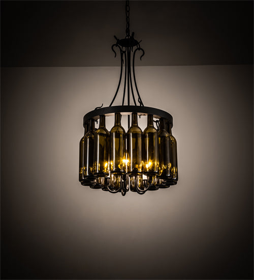 Meyda Lighting Tuscan Vineyard 18" 5-Light Textured Black Pendant Light With 16 Wine Bottle Antique Green Shade Glass
