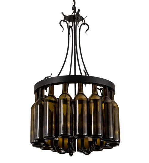 Meyda Lighting Tuscan Vineyard 18" 5-Light Textured Black Pendant Light With 16 Wine Bottle Antique Green Shade Glass