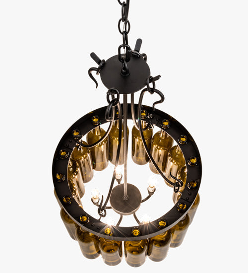 Meyda Lighting Tuscan Vineyard 18" 5-Light Textured Black Pendant Light With 16 Wine Bottle Antique Green Shade Glass