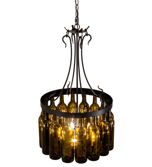 Meyda Lighting Tuscan Vineyard 18" 5-Light Textured Black Pendant Light With 16 Wine Bottle Antique Green Shade Glass