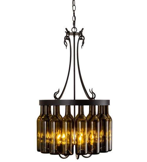 Meyda Lighting Tuscan Vineyard 18" 5-Light Textured Black Pendant Light With 16 Wine Bottle Antique Green Shade Glass