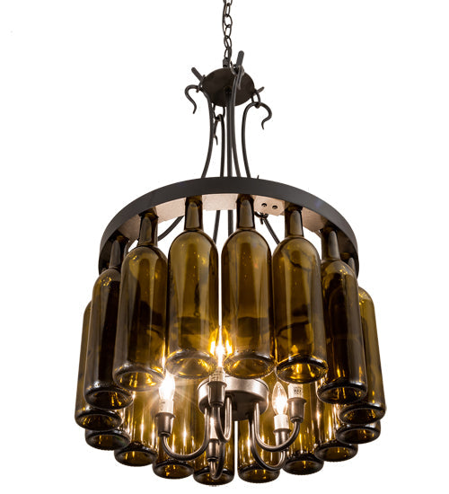 Meyda Lighting Tuscan Vineyard 18" 5-Light Textured Black Pendant Light With 16 Wine Bottle Antique Green Shade Glass