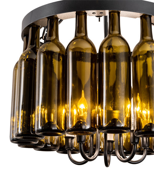 Meyda Lighting Tuscan Vineyard 18" 5-Light Textured Black Pendant Light With 16 Wine Bottle Antique Green Shade Glass