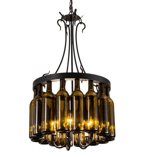 Meyda Lighting Tuscan Vineyard 18" 5-Light Textured Black Pendant Light With 16 Wine Bottle Antique Green Shade Glass