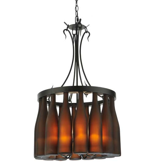 Meyda Lighting Tuscan Vineyard 18" 5-Light Textured Black Villa Chandelier With Amber Wine Bottle Shade Glass