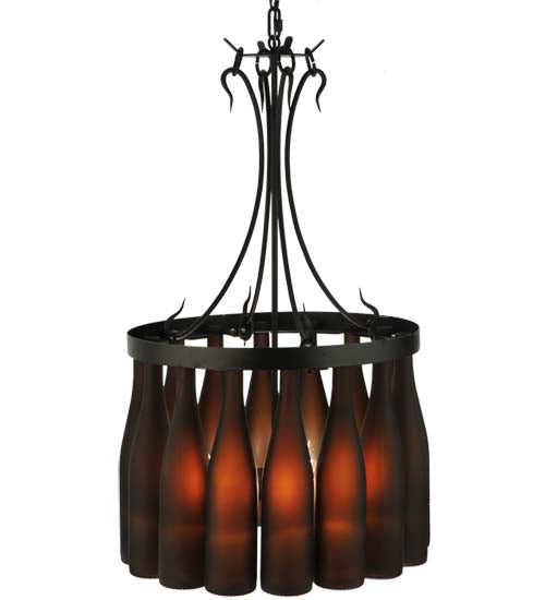 Meyda Lighting Tuscan Vineyard 18" 5-Light Textured Black Villa Chandelier With Amber Wine Bottle Shade Glass