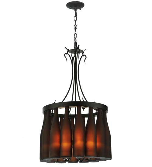 Meyda Lighting Tuscan Vineyard 18" 5-Light Textured Black Villa Chandelier With Amber Wine Bottle Shade Glass