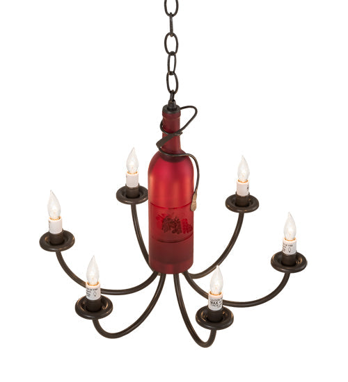 Meyda Lighting Tuscan Vineyard 18" 6-Light Timeless Bronze Chandelier With Red Bottle Shade Glass