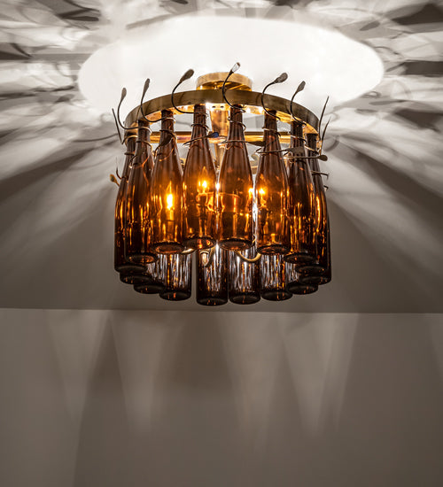 Meyda Lighting Tuscan Vineyard 19" 5-Light Light Burnished Transparent Gold Estate Chandelier With 16 Amber Wine Bottles Shade Glass
