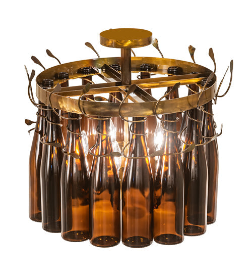 Meyda Lighting Tuscan Vineyard 19" 5-Light Light Burnished Transparent Gold Estate Chandelier With 16 Amber Wine Bottles Shade Glass