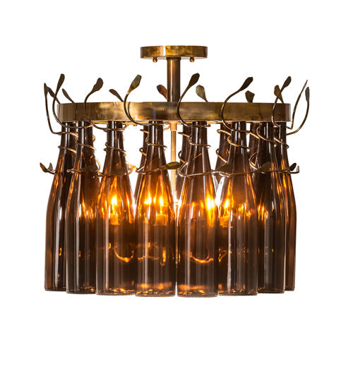 Meyda Lighting Tuscan Vineyard 19" 5-Light Light Burnished Transparent Gold Estate Chandelier With 16 Amber Wine Bottles Shade Glass