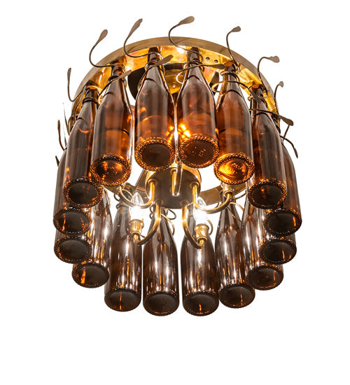 Meyda Lighting Tuscan Vineyard 19" 5-Light Light Burnished Transparent Gold Estate Chandelier With 16 Amber Wine Bottles Shade Glass