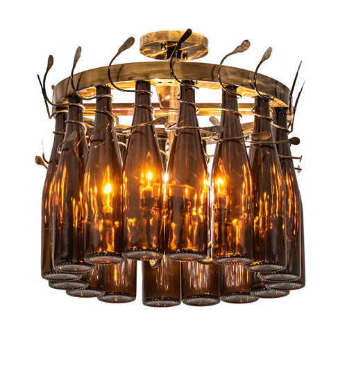 Meyda Lighting Tuscan Vineyard 19" 5-Light Light Burnished Transparent Gold Estate Chandelier With 16 Amber Wine Bottles Shade Glass