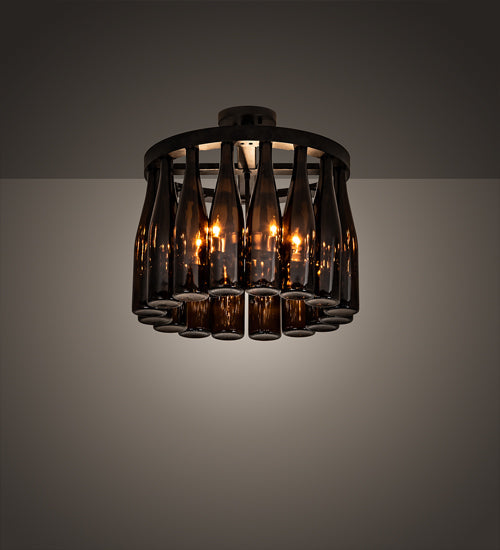 Meyda Lighting Tuscan Vineyard 19" 5-Light Textured Black Chandelier With 16 Amber Wine Bottle Shade Glass