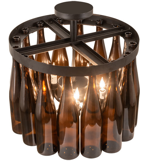 Meyda Lighting Tuscan Vineyard 19" 5-Light Textured Black Chandelier With 16 Amber Wine Bottle Shade Glass