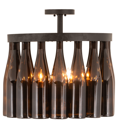 Meyda Lighting Tuscan Vineyard 19" 5-Light Textured Black Chandelier With 16 Amber Wine Bottle Shade Glass