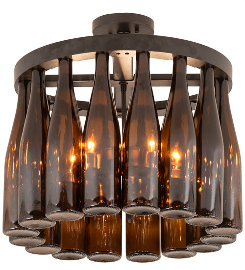 Meyda Lighting Tuscan Vineyard 19" 5-Light Textured Black Chandelier With 16 Amber Wine Bottle Shade Glass