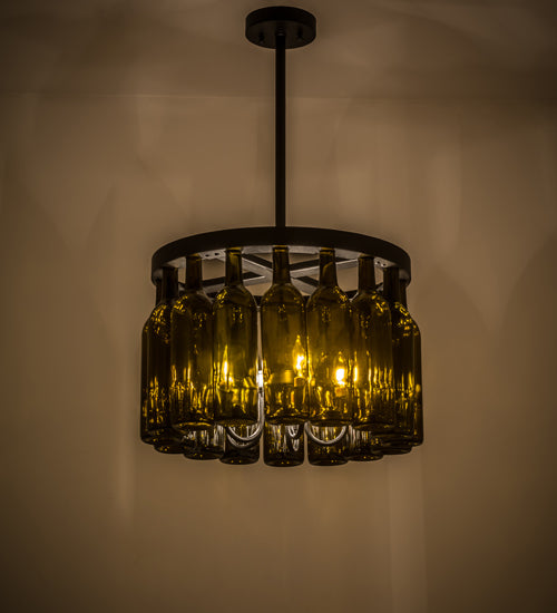 Meyda Lighting Tuscan Vineyard 19" 5-Light Textured Black Estate Chandelier With 16 Green Wine Bottle Shade Glass