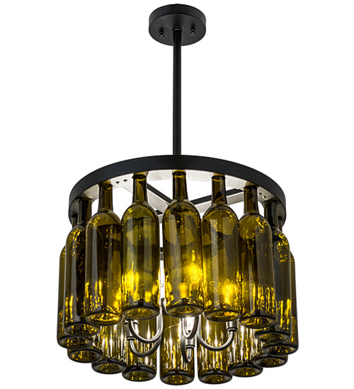 Meyda Lighting Tuscan Vineyard 19" 5-Light Textured Black Estate Chandelier With 16 Green Wine Bottle Shade Glass