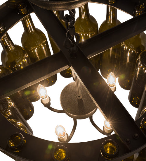 Meyda Lighting Tuscan Vineyard 19" 5-Light Textured Black Flush Mount Light With 16 Green Wine Bottle Shade Glass