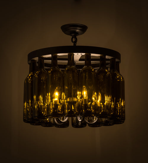 Meyda Lighting Tuscan Vineyard 19" 5-Light Textured Black Flush Mount Light With 16 Green Wine Bottle Shade Glass