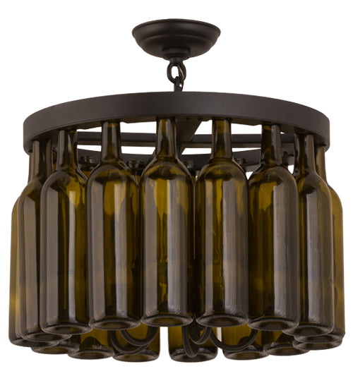 Meyda Lighting Tuscan Vineyard 19" 5-Light Textured Black Flush Mount Light With 16 Green Wine Bottle Shade Glass