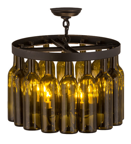 Meyda Lighting Tuscan Vineyard 19" 5-Light Textured Black Flush Mount Light With 16 Green Wine Bottle Shade Glass
