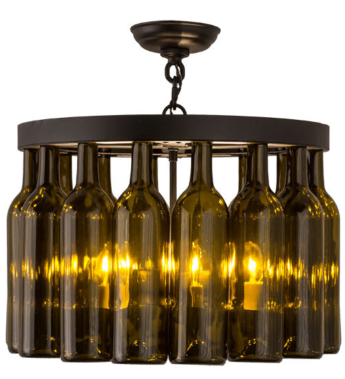 Meyda Lighting Tuscan Vineyard 19" 5-Light Textured Black Flush Mount Light With 16 Green Wine Bottle Shade Glass
