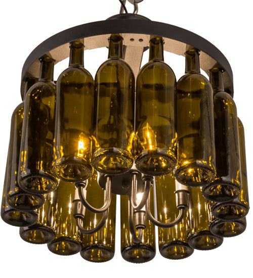 Meyda Lighting Tuscan Vineyard 19" 5-Light Textured Black Flush Mount Light With 16 Green Wine Bottle Shade Glass