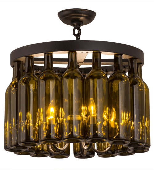 Meyda Lighting Tuscan Vineyard 19" 5-Light Textured Black Flush Mount Light With 16 Green Wine Bottle Shade Glass