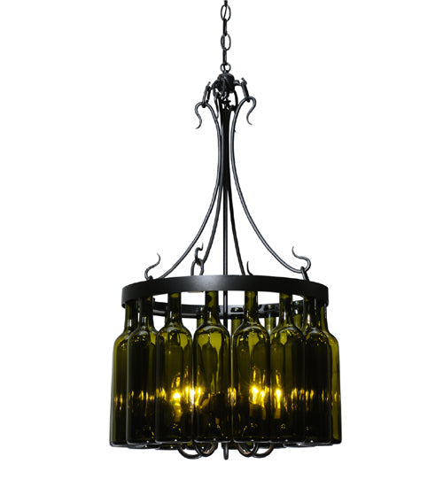 Meyda Lighting Tuscan Vineyard 19" 5-Light Textured Black Villa Chandelier With 16 Wine Bottle Green Mica Shade Glass