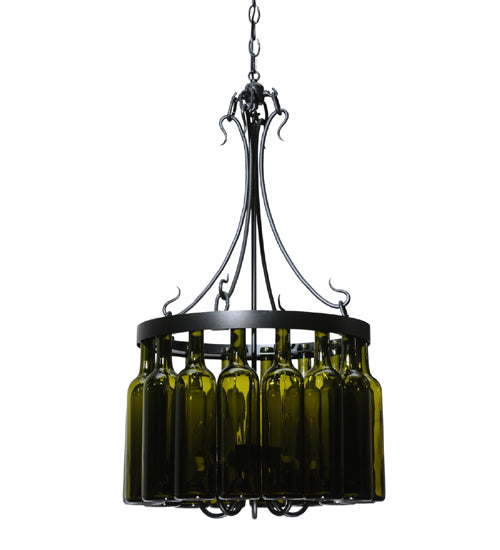 Meyda Lighting Tuscan Vineyard 19" 5-Light Textured Black Villa Chandelier With 16 Wine Bottle Green Mica Shade Glass