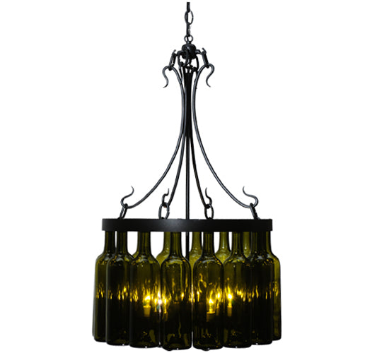 Meyda Lighting Tuscan Vineyard 19" 5-Light Textured Black Villa Chandelier With 16 Wine Bottle Green Mica Shade Glass