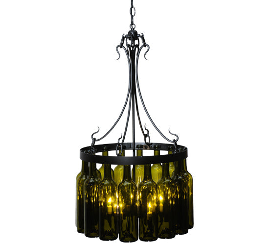 Meyda Lighting Tuscan Vineyard 19" 5-Light Textured Black Villa Chandelier With 16 Wine Bottle Green Mica Shade Glass