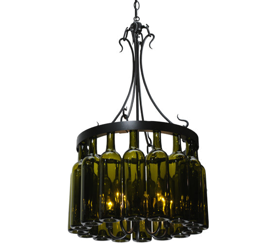 Meyda Lighting Tuscan Vineyard 19" 5-Light Textured Black Villa Chandelier With 16 Wine Bottle Green Mica Shade Glass