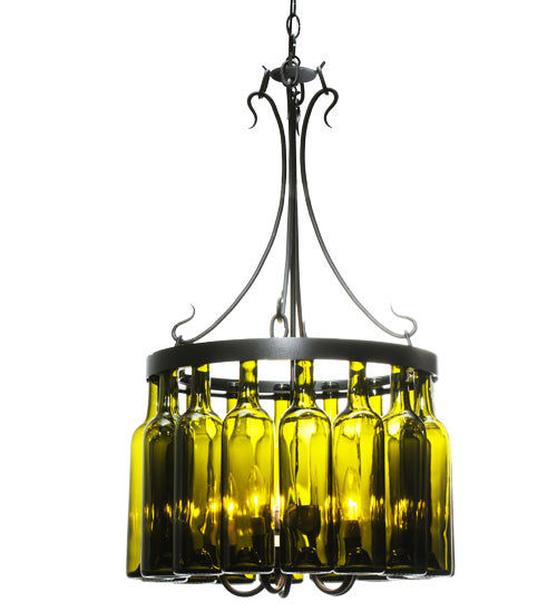 Meyda Lighting Tuscan Vineyard 19" 5-Light Textured Black Villa Chandelier With 16 Wine Bottle Green Mica Shade Glass