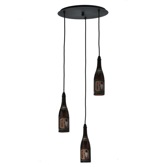 Meyda Lighting Tuscan Vineyard 20" 3-Light Textured Black Dogfish Head Cascading Pendant Light With Wine Bottle Shade Glass