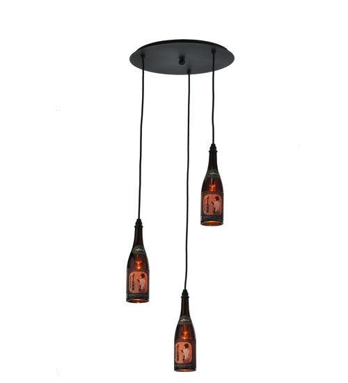 Meyda Lighting Tuscan Vineyard 20" 3-Light Textured Black Dogfish Head Cascading Pendant Light With Wine Bottle Shade Glass