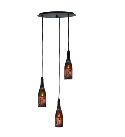 Meyda Lighting Tuscan Vineyard 20" 3-Light Textured Black Dogfish Head Cascading Pendant Light With Wine Bottle Shade Glass