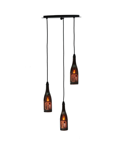 Meyda Lighting Tuscan Vineyard 20" 3-Light Textured Black Dogfish Head Cascading Pendant Light With Wine Bottle Shade Glass