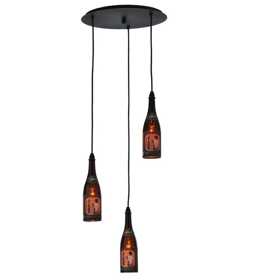 Meyda Lighting Tuscan Vineyard 20" 3-Light Textured Black Dogfish Head Cascading Pendant Light With Wine Bottle Shade Glass