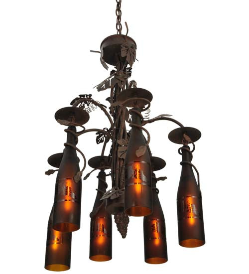 Meyda Lighting Tuscan Vineyard 20" 6-Light Cajun Spice Chandelier With Amber Wine Bottle Shade Glass