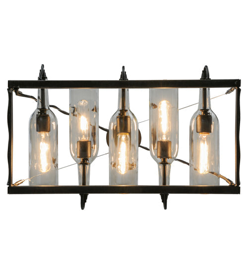 Meyda Lighting Tuscan Vineyard 22" 5-Light Blackened Steel Island Pendant Light With Clear Wine Bottles Shade Glass