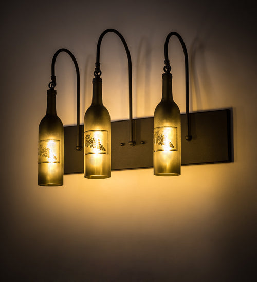 Meyda Lighting Tuscan Vineyard 24" 3-Light Textured Black Wall Sconce With Green & Black Etched Grapes Wine Bottle Shade Glass