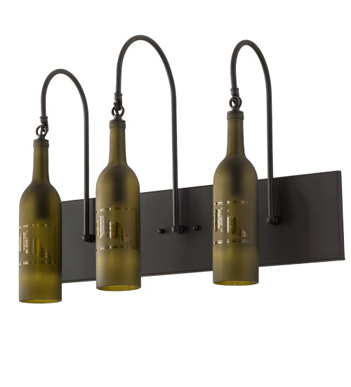 Meyda Lighting Tuscan Vineyard 24" 3-Light Textured Black Wall Sconce With Green & Black Etched Grapes Wine Bottle Shade Glass