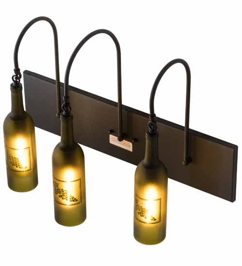 Meyda Lighting Tuscan Vineyard 24" 3-Light Textured Black Wall Sconce With Green & Black Etched Grapes Wine Bottle Shade Glass