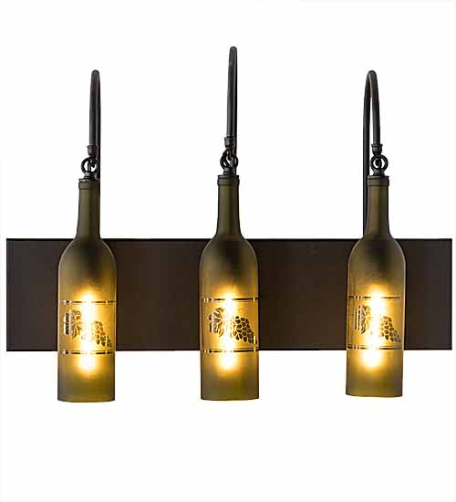 Meyda Lighting Tuscan Vineyard 24" 3-Light Textured Black Wall Sconce With Green & Black Etched Grapes Wine Bottle Shade Glass
